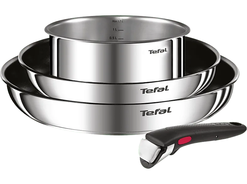 Set de sartenes - Tefal L881S4 Ingenio, 4 piezas, Mango extraíble, Revestimiento titanio antiadherente, Indicador calor, Acero Inox