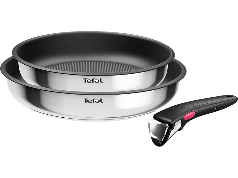 Set de sartenes - Tefal L8813S Ingenio, 2 unidades, 22/26 cm, Mango extraíble, Revestimiento titanio antiadherente, Indicador calor, Acero Inox