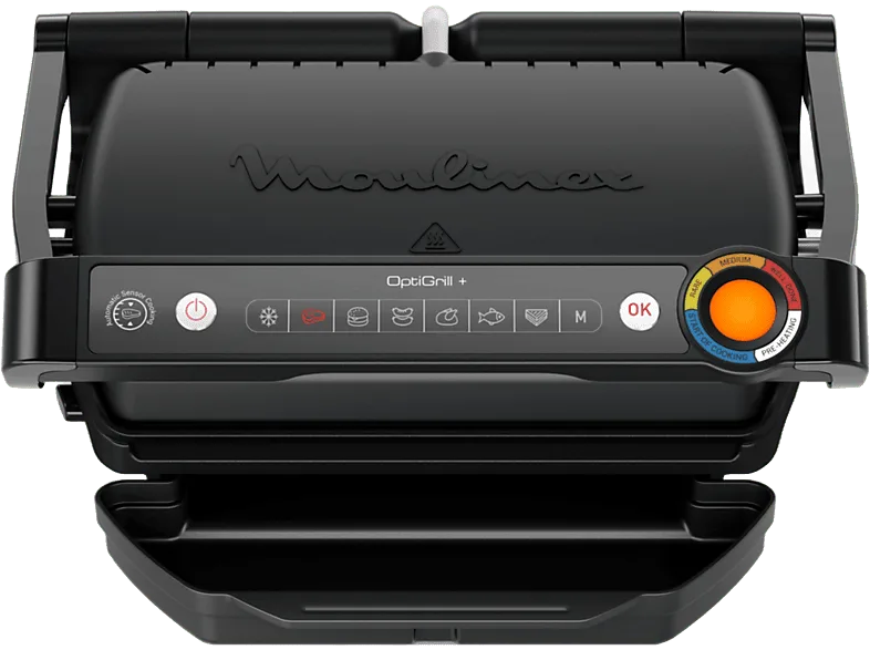 Grill - Moulinex OptiGrill+ GI717810, 2000 W, 6 Programas Automáticos, 3 Niveles de cocción, 4 Temperaturas, Planchas Antiadherentes, Negro