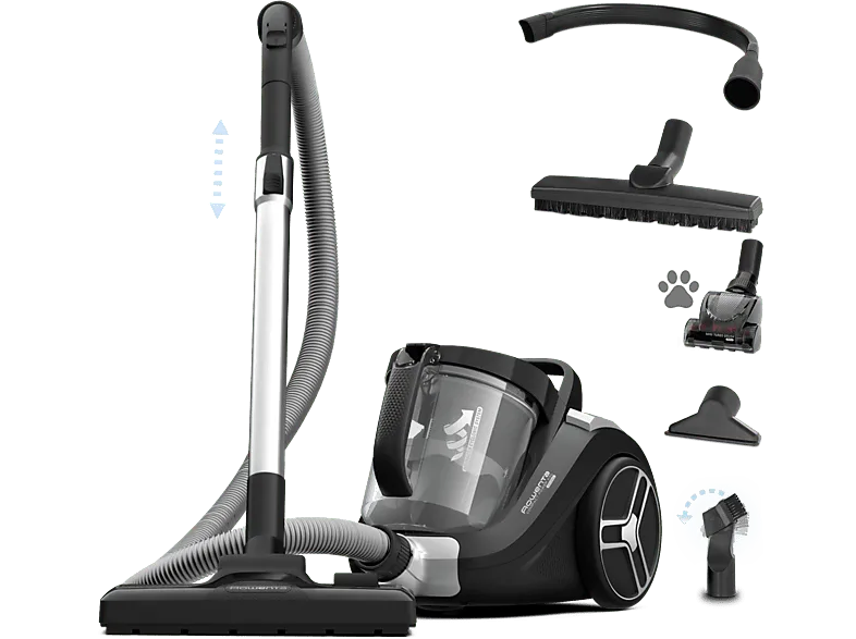 Aspirador sin bolsa - Rowenta Compact Power XXL RO4B75, 900W, 2.5 L, Filtrado Ciclónico 3 niveles, Radio 8.8 m, Kit Limpieza, Especial Mascotas, Negro