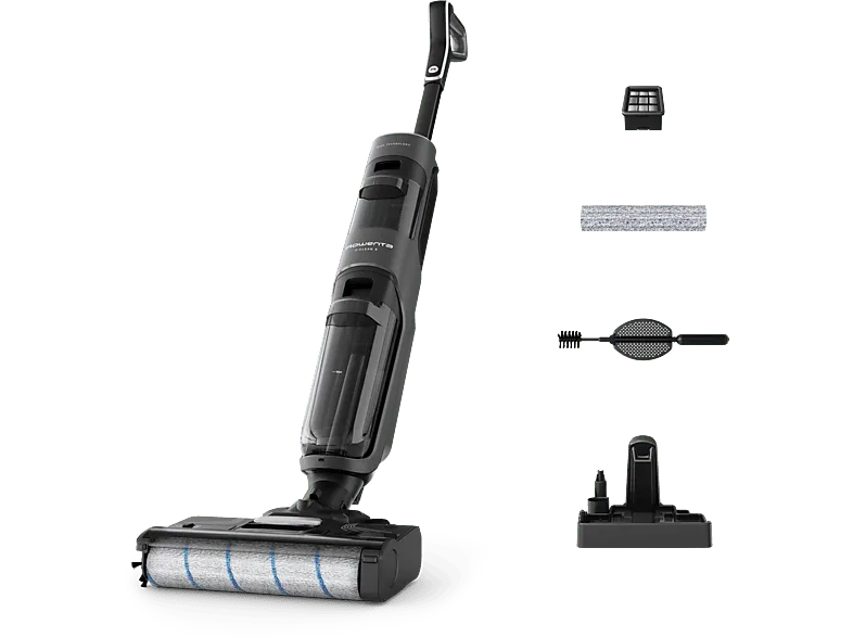 Fregona eléctrica - Rowenta X Clean 4 GZ5035, 2 en 1, Aspira y friega, Sin cables, 200 W, Smart, Autonomía 50 min, Autolimpieza, Negro