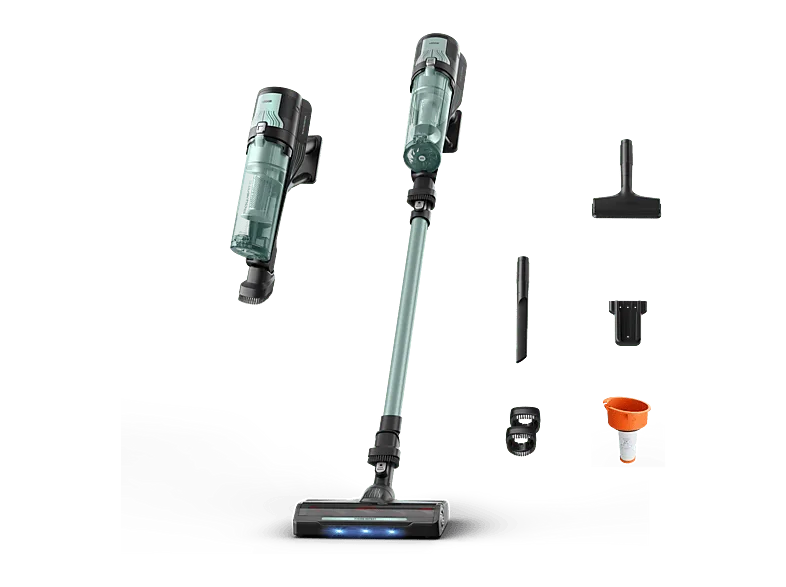 Aspirador escoba - Rowenta X-FORCE 8.80 RH1833, 250 W, 100 AW, 45 min Autonomía, 0.44 L, Ligera, 1.3 Kg, Limpieza 4 en 1, Verde, Gris