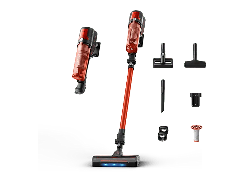Aspirador escoba - Rowenta X Force 8.80 RH1872E, 250 W, Potencia succión 100 AW, 1.3 kg, 60 min autonomía, 0.44 l, Ligera, Especial Mascotas, Rojo