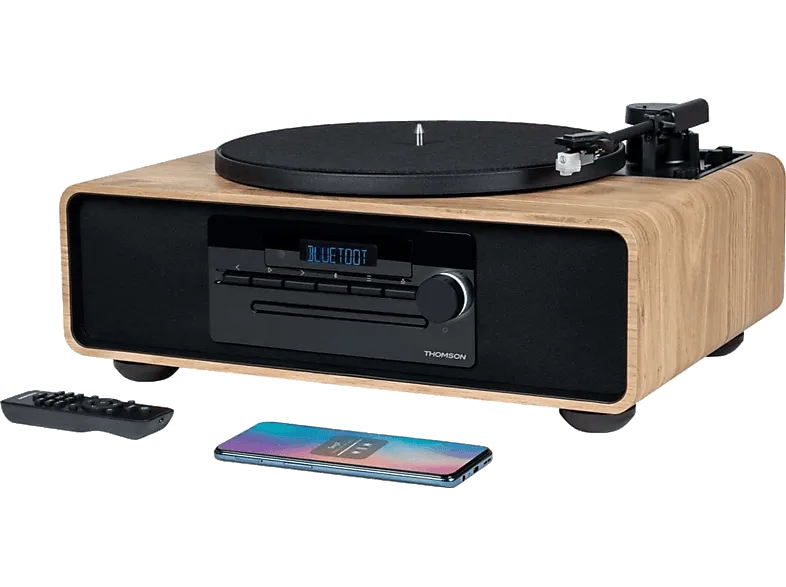 Microcadena - Thomson MIC300TT, 60 W, Bluetooth, Tocadiscos, CD, MP3, USB, Negro madera