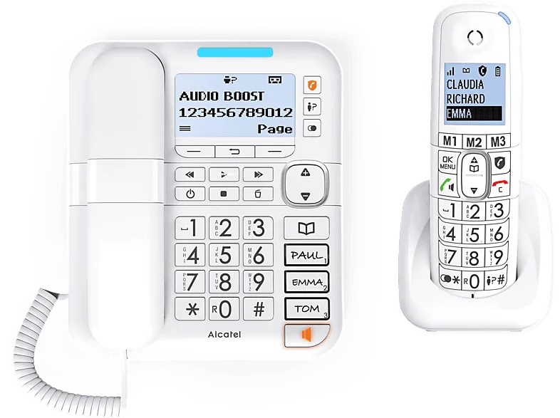 Teléfono - Alcatel XL785 COMBO, Inalámbrico y con cable, Contestador, Bloqueo de llamadas, Agenda 100 contactos, Manos libres, Audio-Boost, Blanco