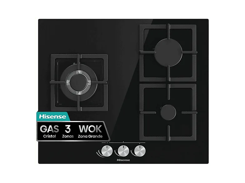 Placa de gas - Hisense GG633B, 3 zonas, 58 cm, Gas Natural, Encendido fácil, Fogón Wok, Cristal Negro (imagen 1 de 3)