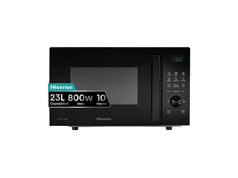 Microondas con grill - Hisense H23MOBSD1HG, 800W, 10 niveles, Control digital táctil, 23 l, Negro