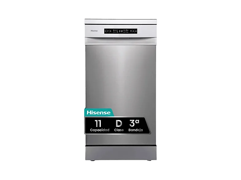 Lavavajillas - Hisense HS543D10X, 11 servicios, 8 programas , 44.8 cm, Motor Inverter, Tercera bandeja, Inox