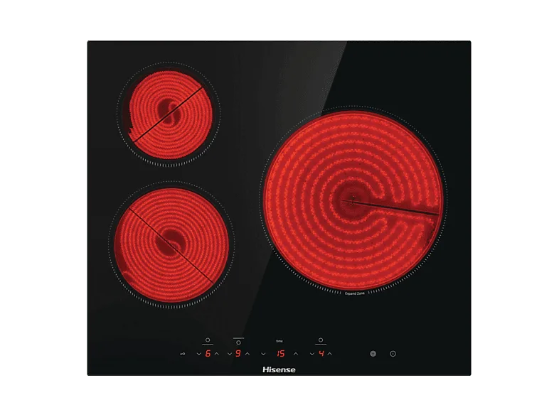 Placa vitrocerámica - Hisense E6332BSCE, 3 zona(s), 30 cm Zona Grande, 59 Ancho, Temporizador, Control Táctil, Negro (imagen 1 de 3)