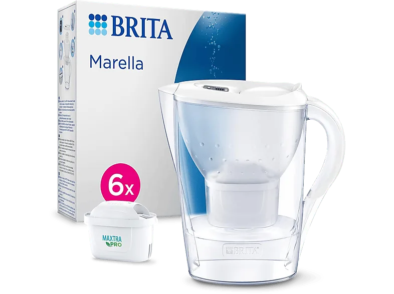 Jarra Filtrante - BRITA Marella Blanca (2,4 l) Incluye 6 Cartuchos MAXTRA PRO All-in-1, Memo Digital y Tapa Abatible