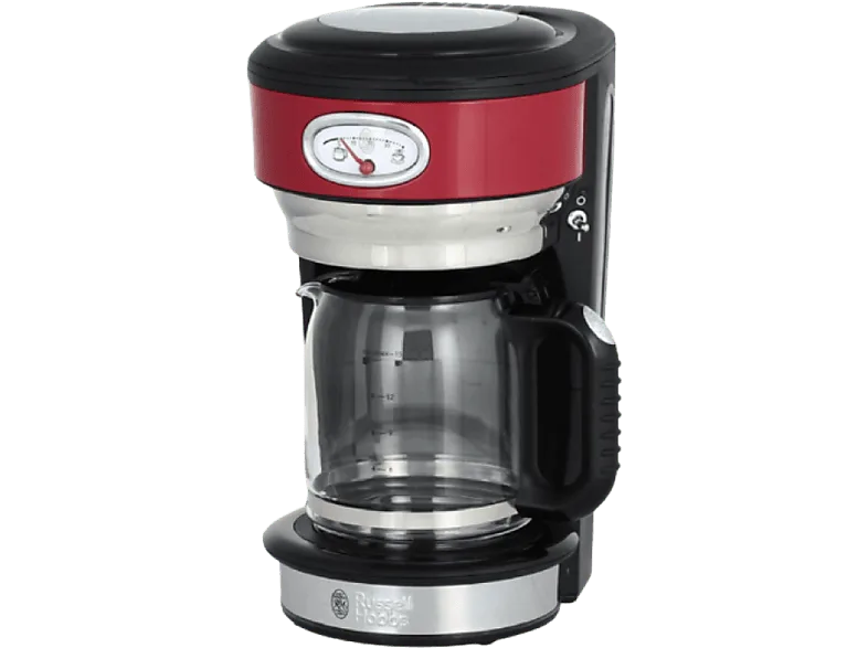 Cafetera de goteo - Russell Hobbs Retro Ribbon Red Glas, 1000 W, 1.25 l, 10 Tazas, Jarra cristal, Rojo