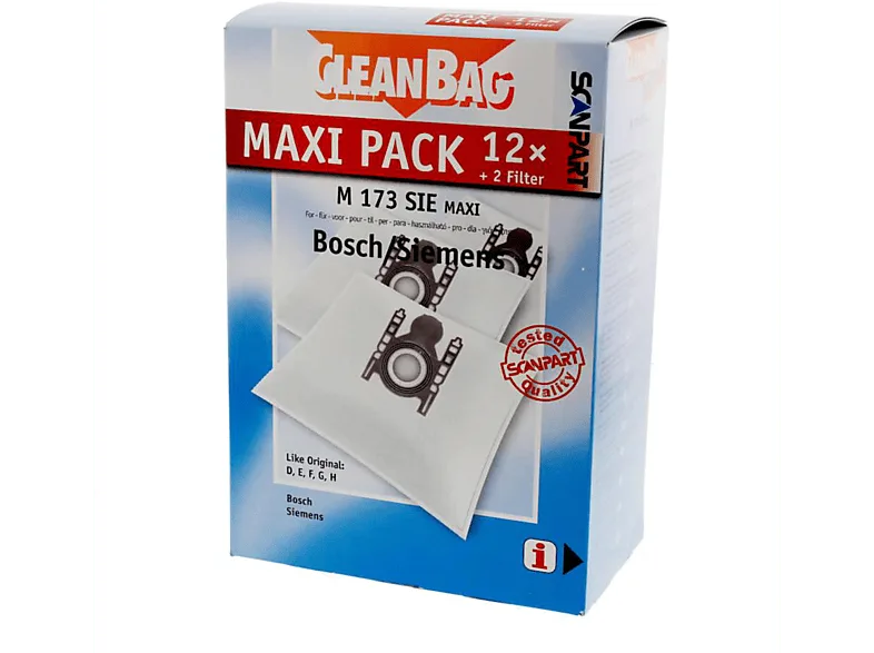 Bolsas de aspirador - Scanpart Maxipack M 173 Sie, Para Aspiradores Bosch Y Siemens, 12 U, Tecnología microfibra, Filtra un 50% más partículas