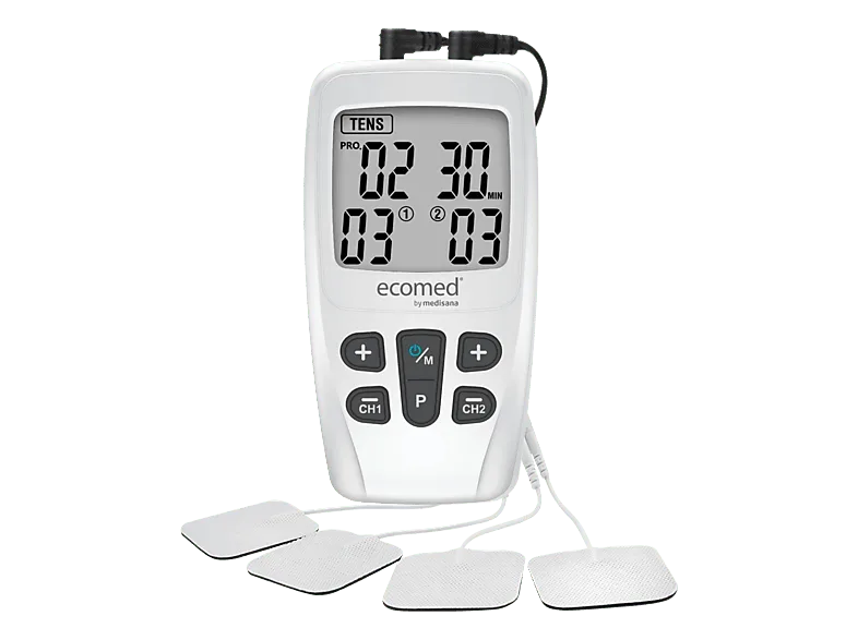Electroestimulador - Medisana TT-15E, 40 niveles de intensidad, Terapia TENS, 4 electrodos, Funciona con pilas AAA, Blanco