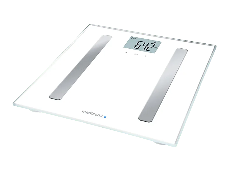 Báscula inteligente - Medisana BS A46, Máximo peso 180 kg, Pantalla LCD, 4 Sensores de galga, Bluetooth, Blanco