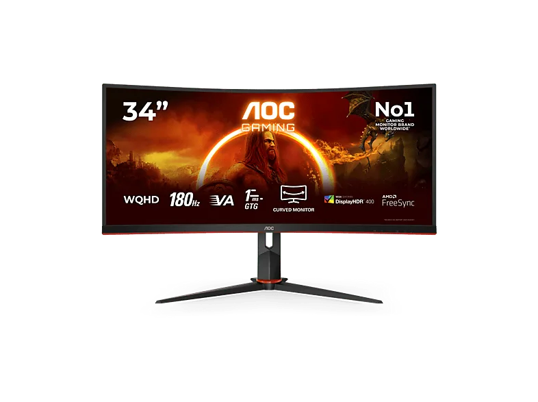 Monitor gaming - AOC CU34G2XP/BK, 34" WQHD, 180 Hz, 1 ms, VA, Curva, FreeSync Premium, Antibrillo, WLED