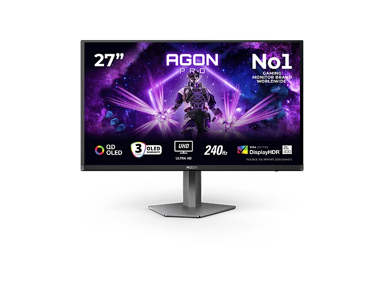 Monitor gaming - AOC AGON PRO AG276UZD, 26.5" UHD 4K, 240 Hz, 0.03 ms, QD-OLED, Adaptive Sync, VESA HDR™ True Black 400, Negro (imagen 1 de 3)