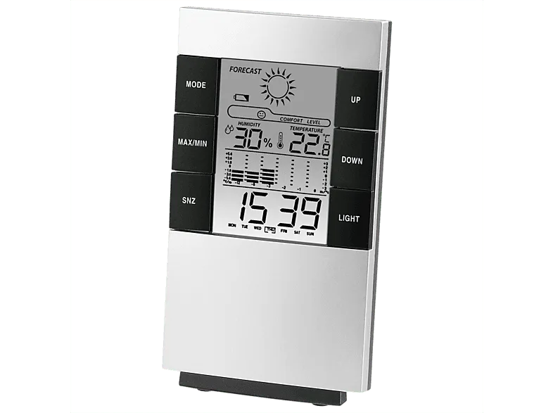 Estación meteorológica - Hama Termohigrómetro LCD TH-200, Previsión de la Temperatura y Humedad, Función Alarma, Plata