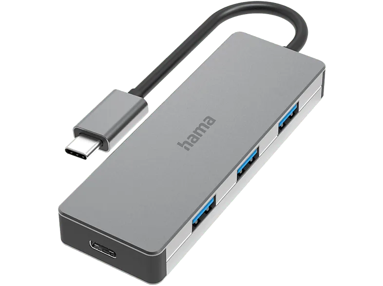 Hub - Hama 00200105, 10 Gbit/s, 4 puertos, 2x USB-C, 3x USB-A, 0.15 m, TB 3/4, Slim, Gris