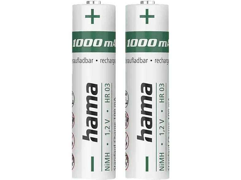 Pilas recargables - HAMA NiMH AAA, 2 Unidades, 1000 mAh, Carga rápida, Blanco