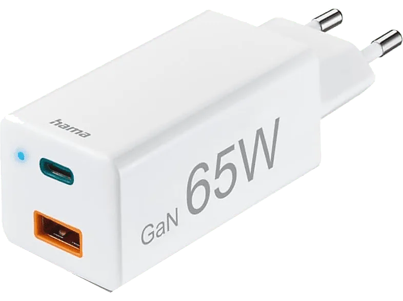 Cargador móvil - Hama GSM Mini, 65W, 220V, Carga rápida, USB-A y USB-C, 2 dispositivos a la vez, Blanco