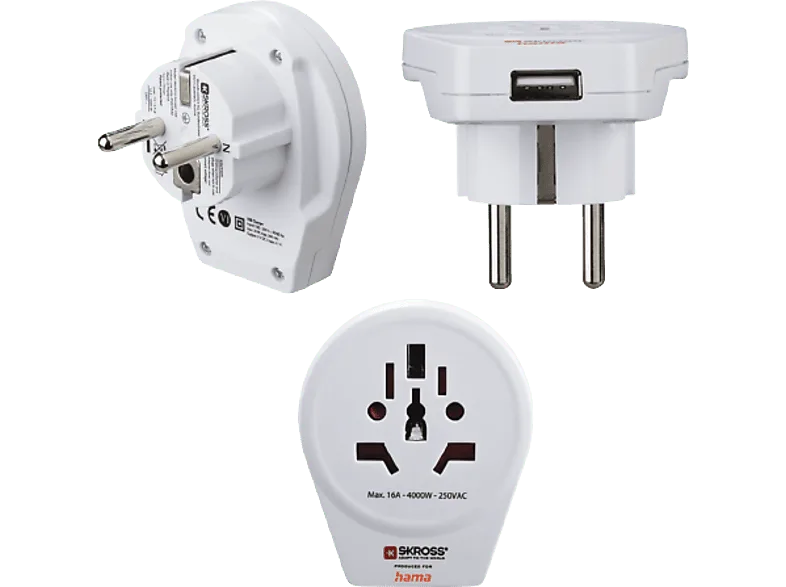 Adaptador de viaje - World to Europe Hama, 1 entradas USB, 250 V, Compatible con hasta 200 países, Blanco