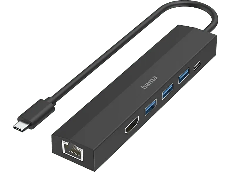 Hub - Hama 00200144, 6 Conexiones, 3x USB-A, 1x USB-C, HDMI, LAN, 5 Gbps, Negro