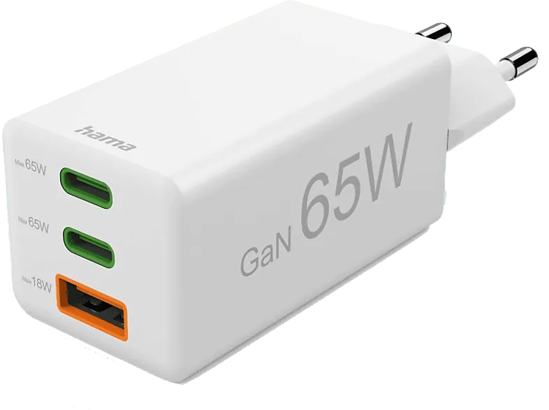 Cargador para portátil - Hama 00201996, Universal, 2xUSB-C+ 1xUSB-A, 65W, 220V, Enchufe Europeo, Blanco (imagen 1 de 3)
