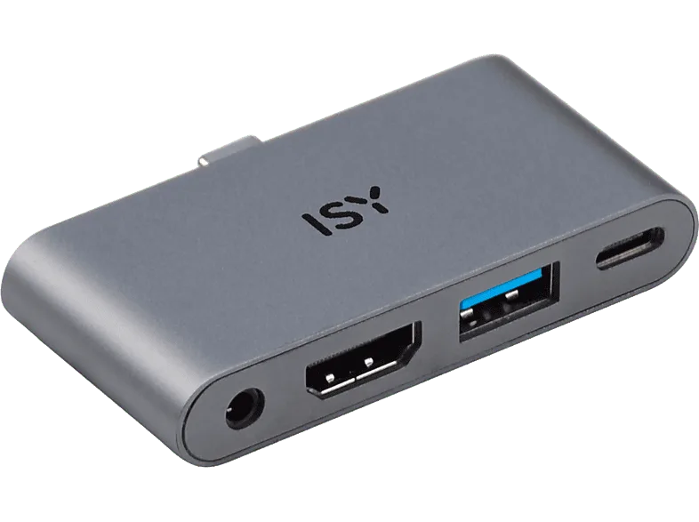 Adaptador - ISY IAD 1019-1 4-in-1 USB-C, 480 Mbit/s, USB-A, HDMI 2.0, 3.5 mm AudioPort, 1x Gris Aluminio
