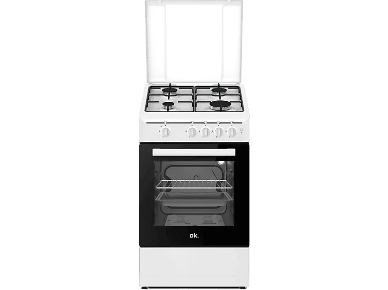 Cocina a gas - ok. OFC 2421-3 A, Gas Butano, 4 quemadores, Horno + Placa de Gas, 49l Capacidad, Blanco