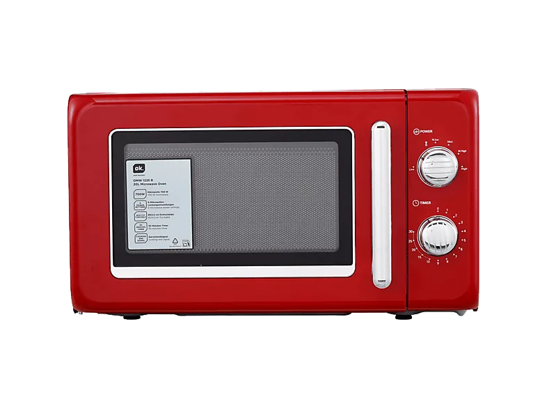 Microondas - ok. OMW 1225 R, 700W, 6 Niveles de Potencia, 20l, Función Descongelar, Control Mecánico, Rojo