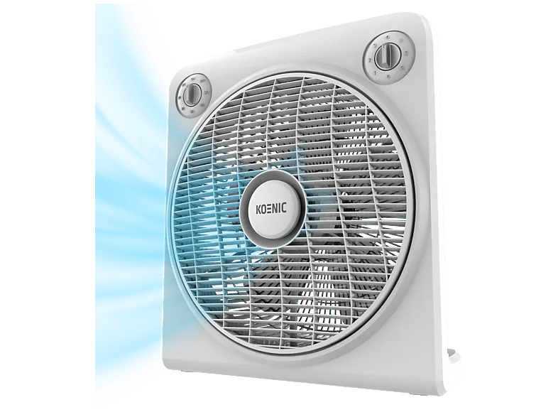 Ventilador de sobremesa - Koenic KTF 305026 ES Box Fan, 50 W, 12'', 5 aspas, Rejilla giratoria, Temporizador 120 min, 3 velocidades, Blanco