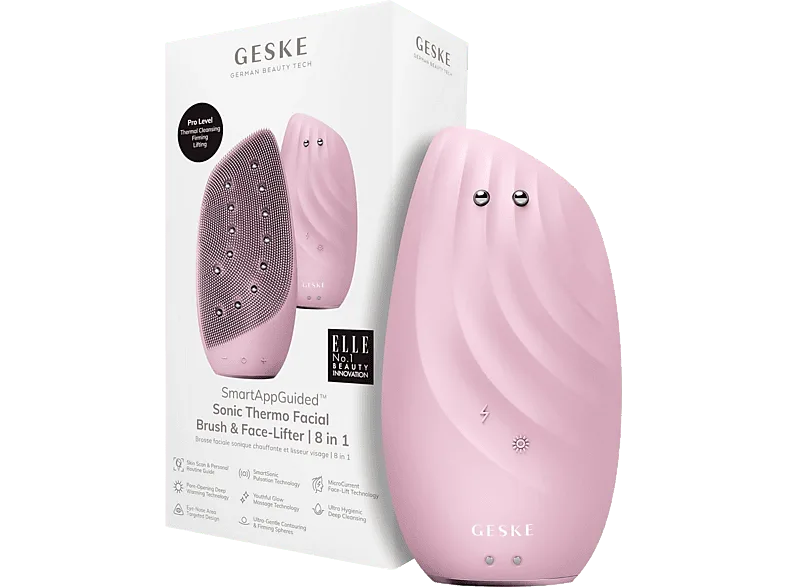 Limpiador facial - Geske Sonic Thermo Facial Brush & Face-Lifter 8 en 1, Reafirma y tonifica piel, IPX7, Rosa
