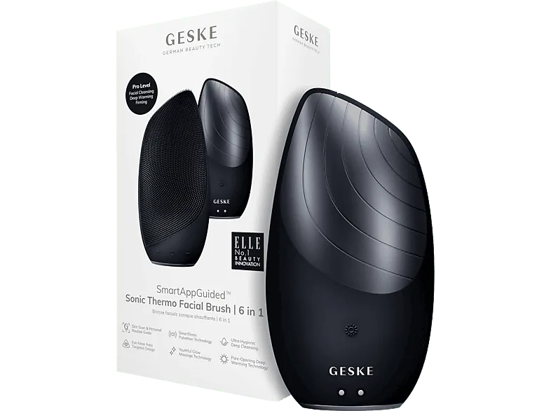 Limpiador facial - Geske Sonic Thermo Facial Brush 6 en 1, Limpieza de poros, Masaje facial, IPX7, Negro