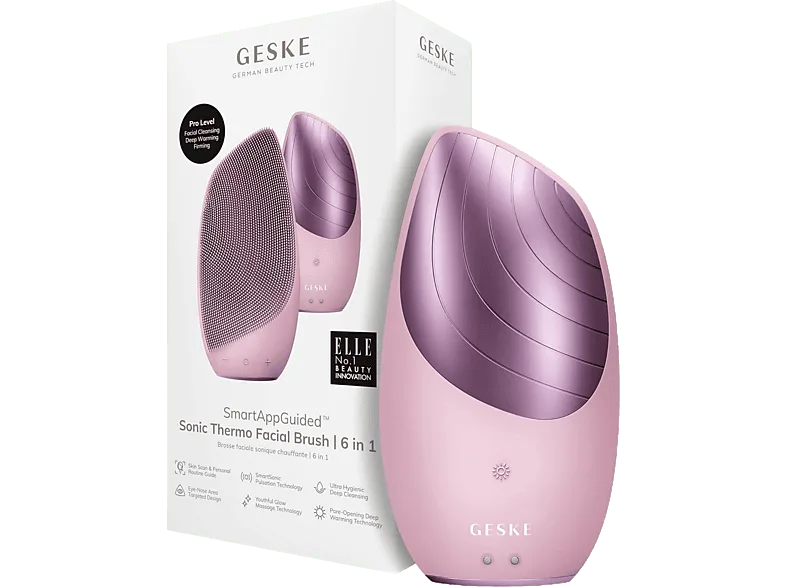 Limpiador facial - Geske Sonic Thermo Facial Brush 6 en 1, Limpieza de poros, Masaje facial, IPX7, Rosa
