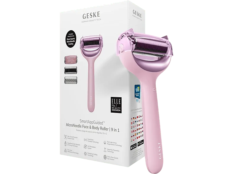 Rejuvenecedor facial - Geske MicroNeedle Face & Body Roller 9 in 1, Cara, Rosa