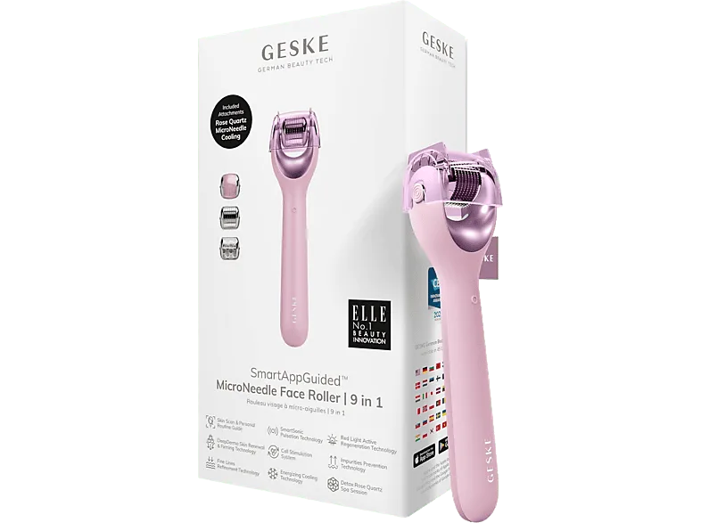 Rejuvenecedor facial - Geske MicroNeedle Face Roller 9 in 1, Cara, Rosa