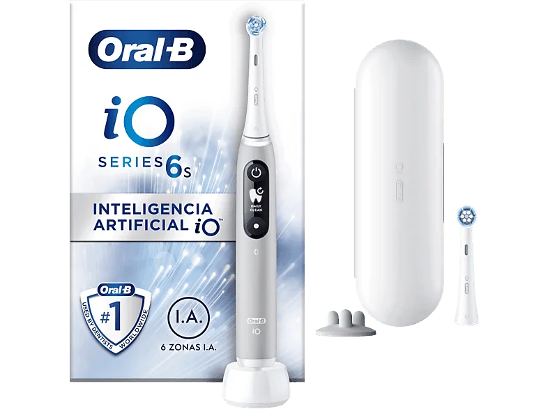 Cepillo eléctrico - Oral-B iO 6S, Con 2 Cabezales y 1 Estuche De Viaje, Diseñado Por Braun, Gris