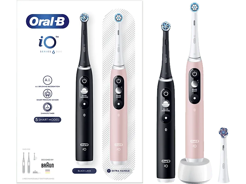 Cepillo eléctrico - Oral-B iO 6 Dúo, 2 Mangos De Alta Gama, Pantalla, 3 Cabezales de Recambio, Tecnología Braun, Negro y Rosa
