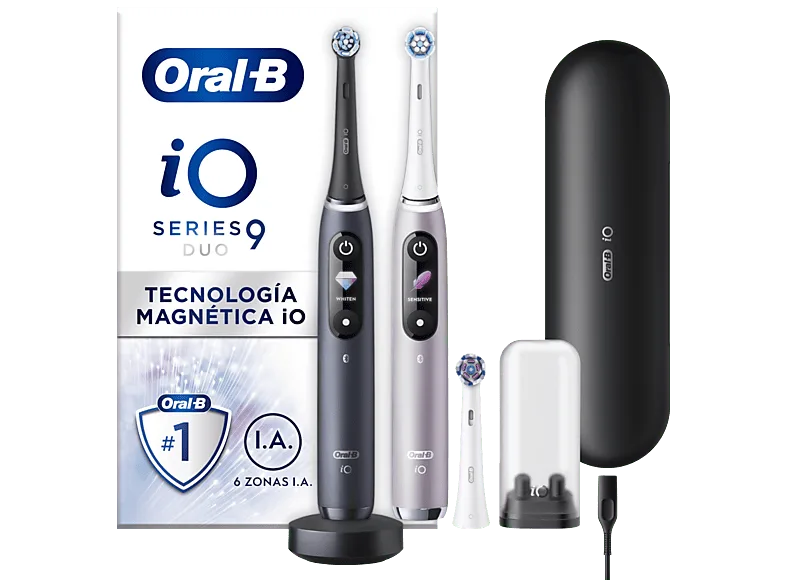 Cepillo eléctrico - Oral-B iO 9, Pack doble, 3 cabezales, Seguimiento 3D con app, Con estuche de viaje, Negro y Rosa