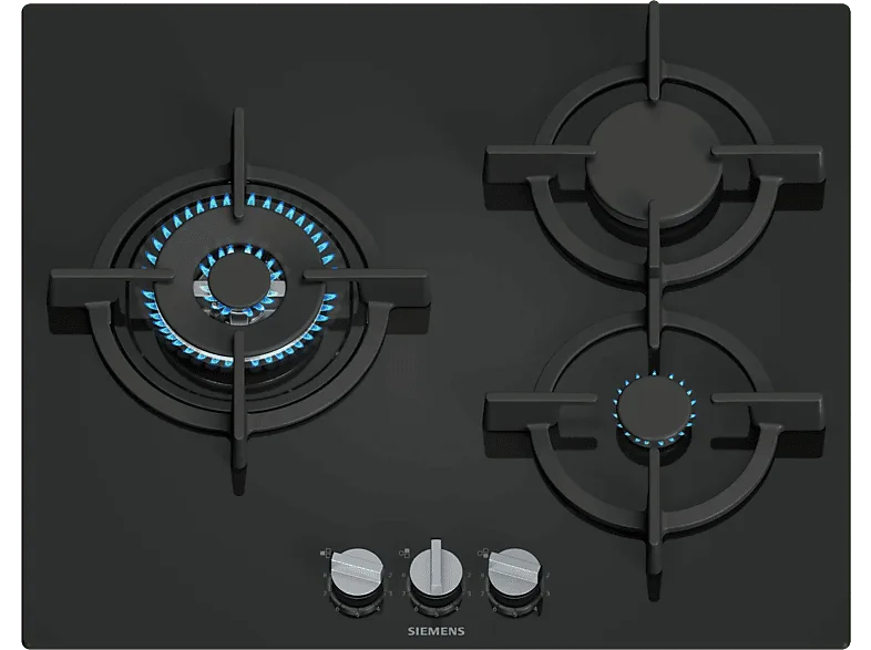 Placa de gas - Siemens EP6A6CI10, 3 Zonas, 28 cm Zona grande, Gas natural, 59 cm, Negro