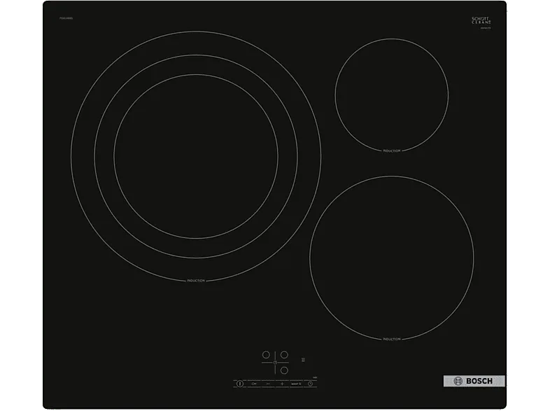 Placa inducción - Bosch PID61RBB5E, 3 zonas, Zona grande 32 cm, 17 niveles, Control TouchSelect, Negro