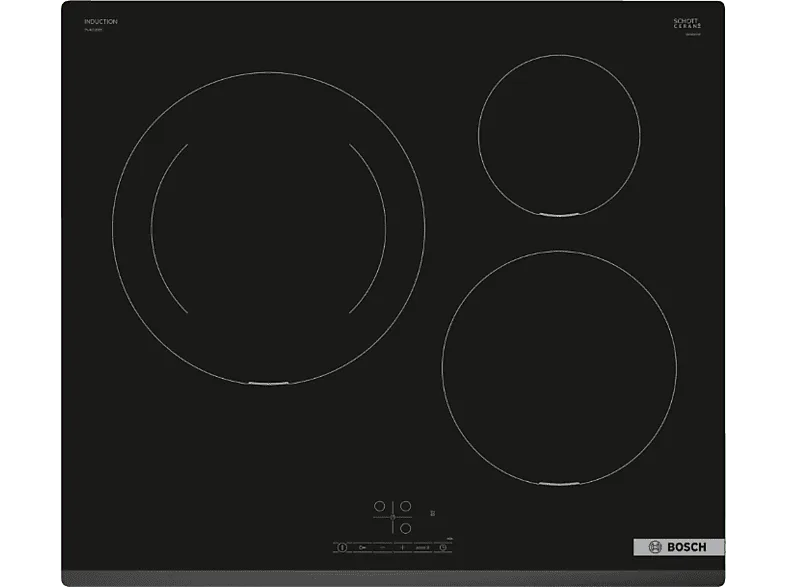 Placa inducción - Bosch PIJ631BB5E, 3 zonas, Zona grande 28 cm, Control TouchSelect, función Sprint, 59.2 Negro