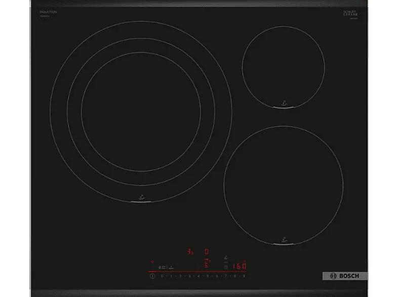 Placa inducción - Bosch PID675HC1E, 3 zonas, Zona de cocción triple 32 cm, 60 Direct select, PerfectFry Plus, Negro (imagen 1 de 3)