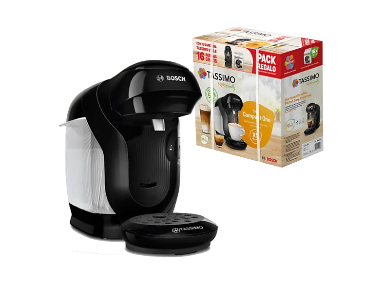 Cafetera de cápsulas - Bosch Tassimo Style TAS112EC, 3.3 bar, 0.7 l, 1.400 W, Intellibrew, Tamaño Compacto, Pack Café Regalo, Negro