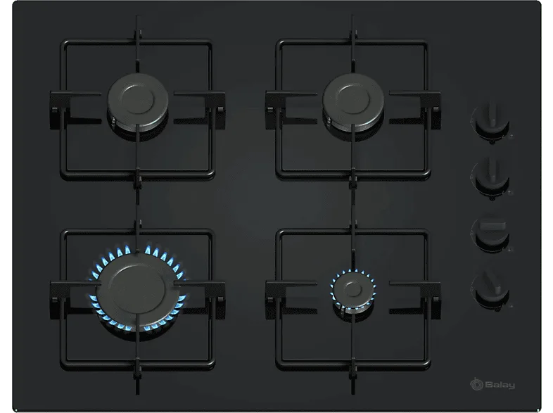 Placa de gas - Balay 3ETG464SB, 4 Zonas, 26 cm Zona grande, Gas butano, 59 cm, Negro