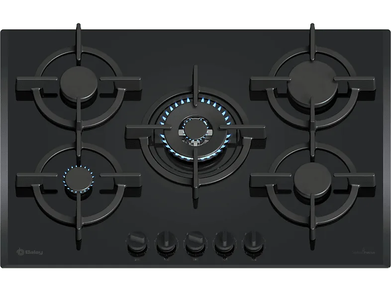 Placa de gas - Balay 3ETG676RB, 5 zonas, 28 cm zona grande, Gas butano, 75.2 cm, Negro