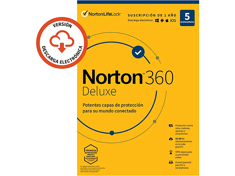Norton 360 Deluxe 50GB, 5 dispositivos, 1 año (Código de descarga)