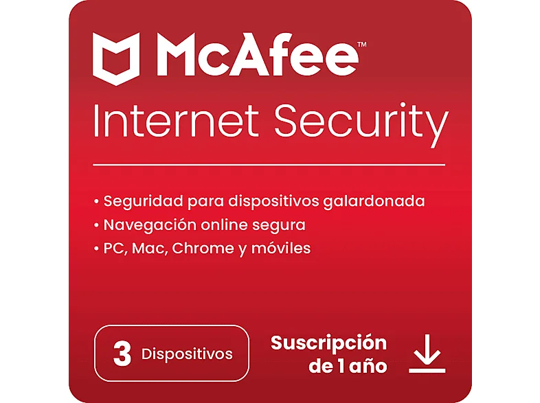 Antivirus - McAfee® Internet Security, Software para 3 dispositivos, Suscripción 1 año, Código de descarga