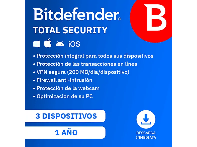 Bitdefender Total Security, 3 dispositivos, 1 año (Código de descarga)