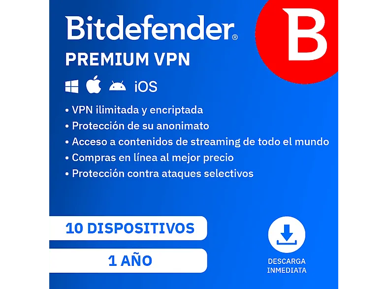 Bitdefender VPN, 10 dispositivos, 1 año (Código de descarga)